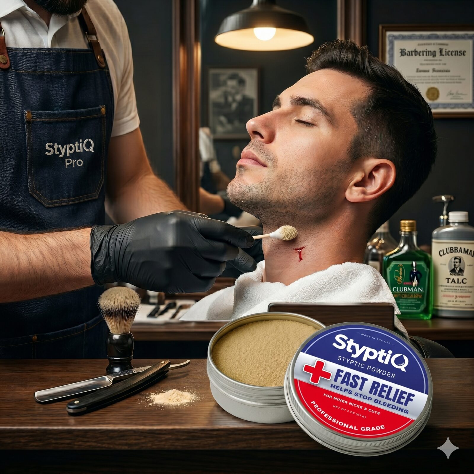 Barber using StyptiQ on a client's neck