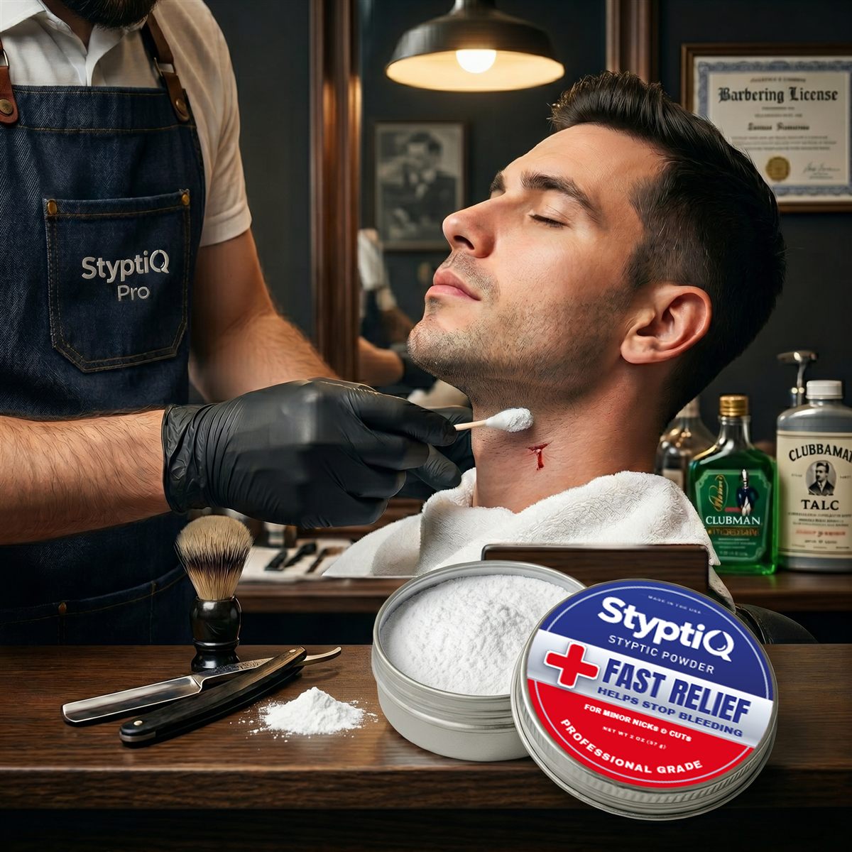 Barber applying styptic powder to a client's neck with a cotton swab, StyptiQ tin on the station