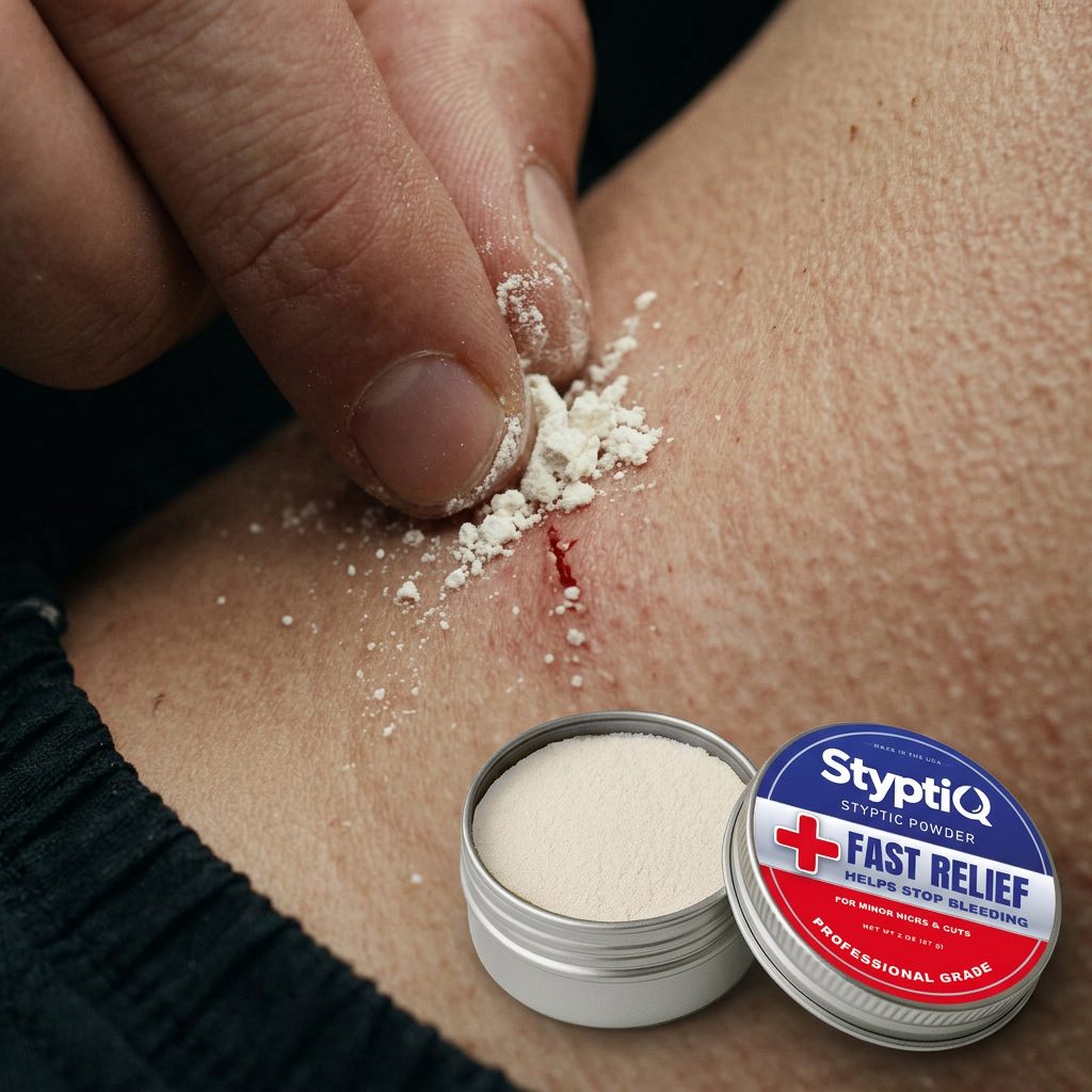 Applying StyptiQ styptic powder to a minor cut — pinch of powder pressed onto the skin