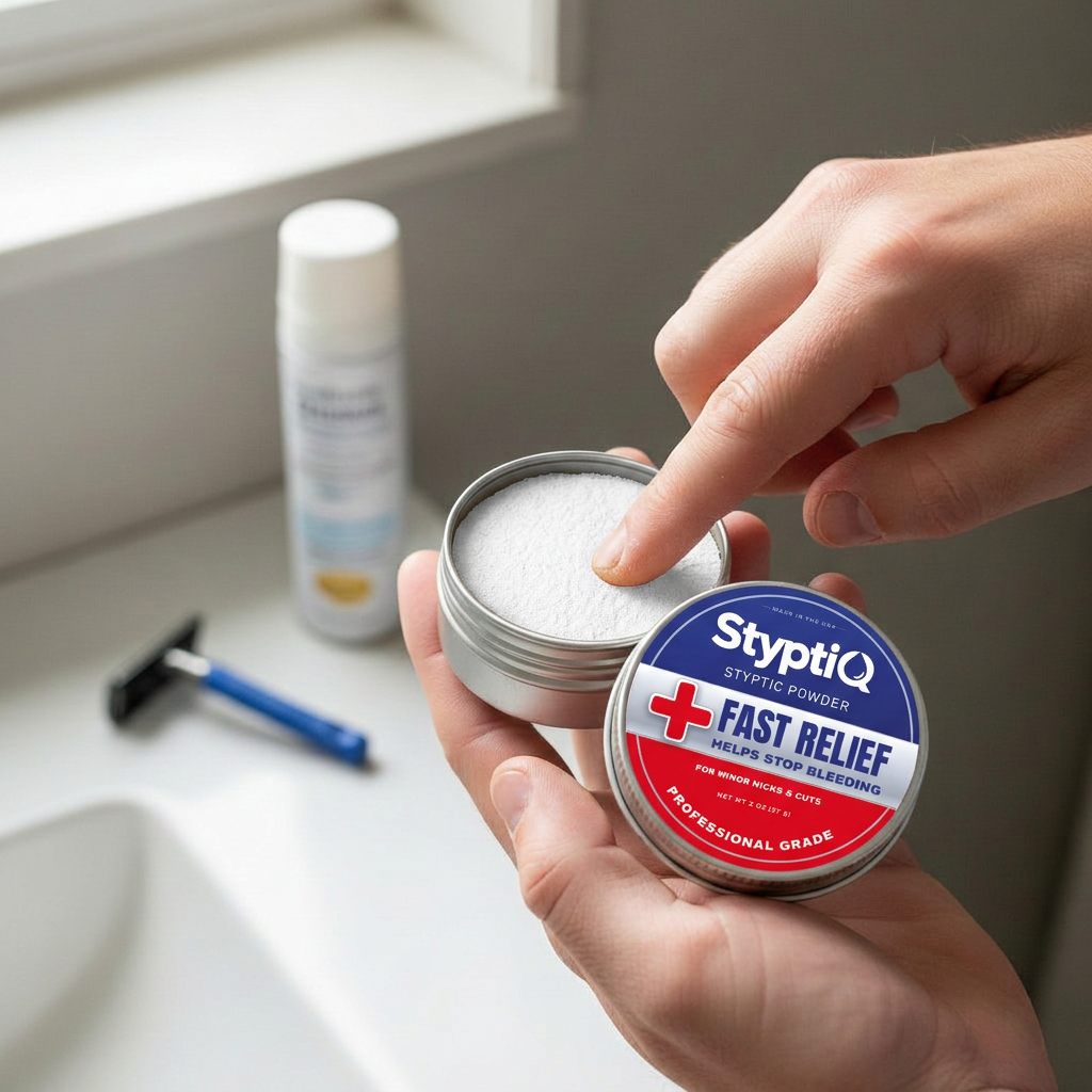 Open StyptiQ tin on a bathroom counter next to a safety razor