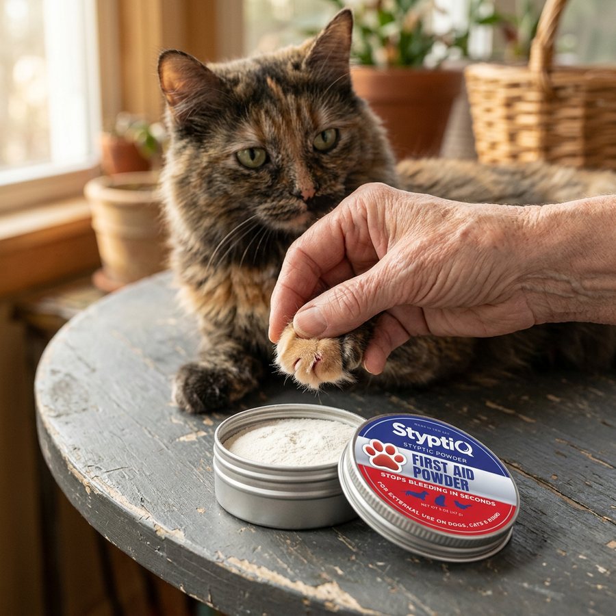 Trimming a cat's claw with an open StyptiQ tin of white styptic powder nearby