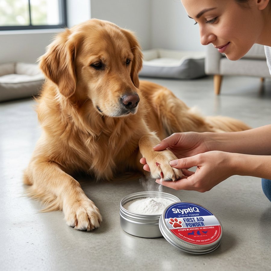 Applying StyptiQ styptic powder to a dog's paw after a nail trim