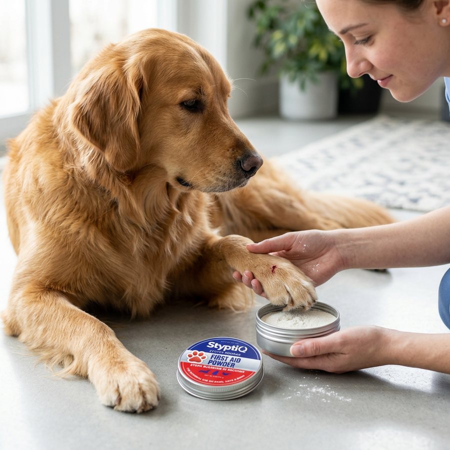 Hands using StyptiQ styptic powder on a dog's paw during grooming