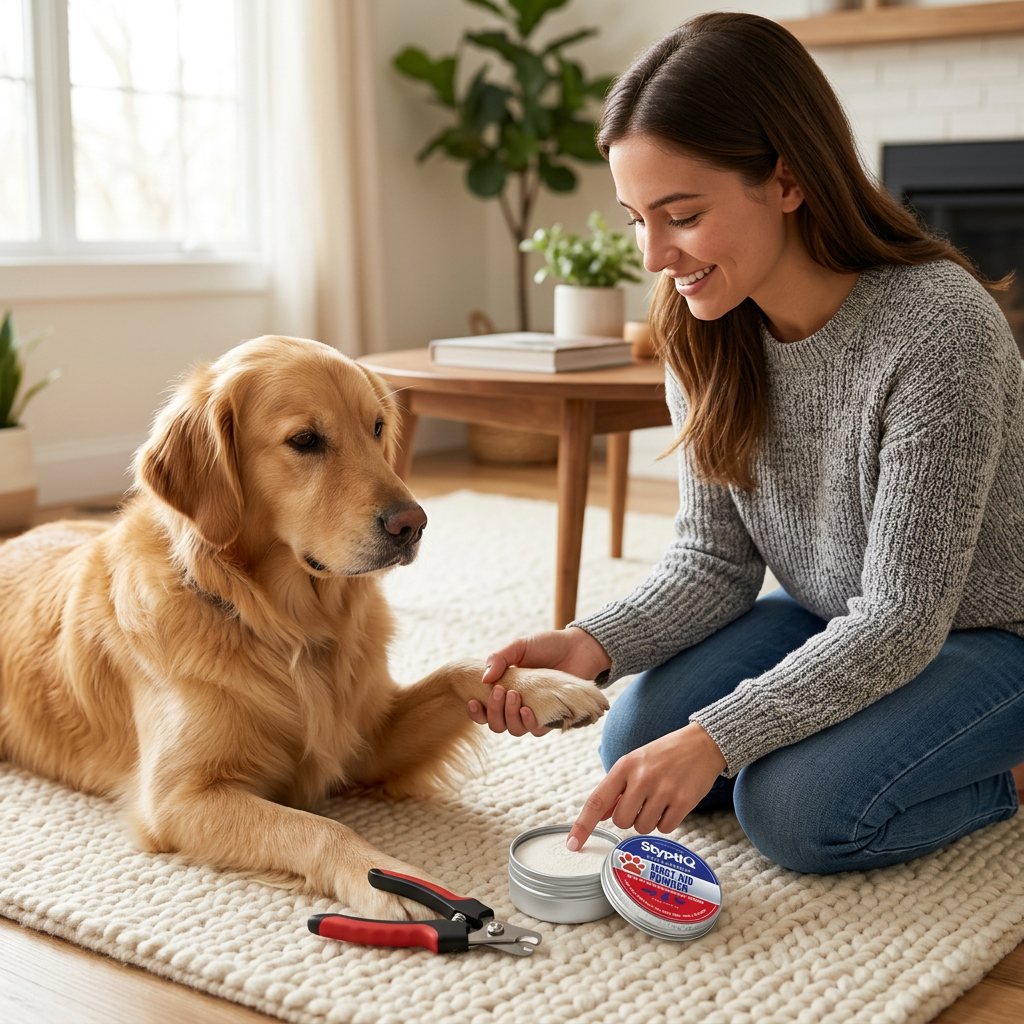 Pet parent holding a golden retriever's paw with nail clippers and an open StyptiQ tin of white styptic powder