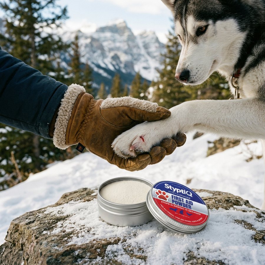 Treating a husky's paw with StyptiQ styptic powder on a mountain trail