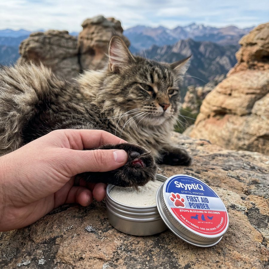 Holding a cat's paw with an open StyptiQ tin of white styptic powder