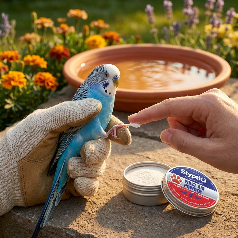 Applying StyptiQ styptic powder to a budgie's foot with a cotton swab