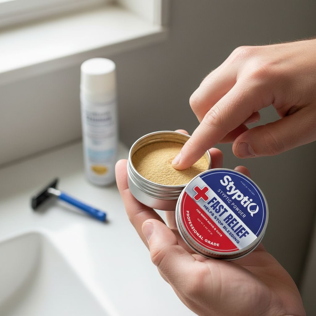 StyptiQ Styptic Powder tin — open showing potassium alum powder